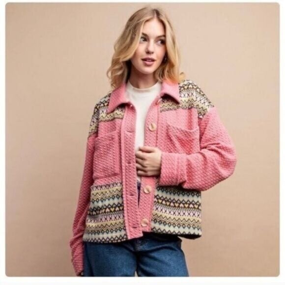 Textured Knit and Yarn Dye Pattern Mixed Jacket-NEW-SIZE: MEDIUM - Picture 4 of 7